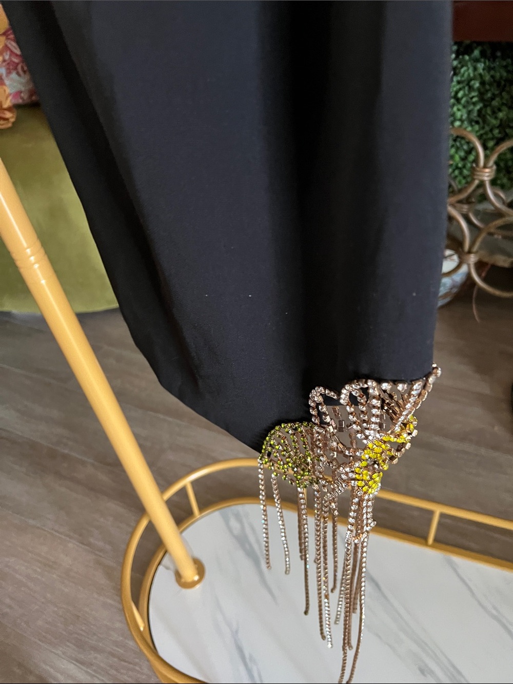 Black Embellished Mini Dress with Rhinestone Fringe Momosheiro